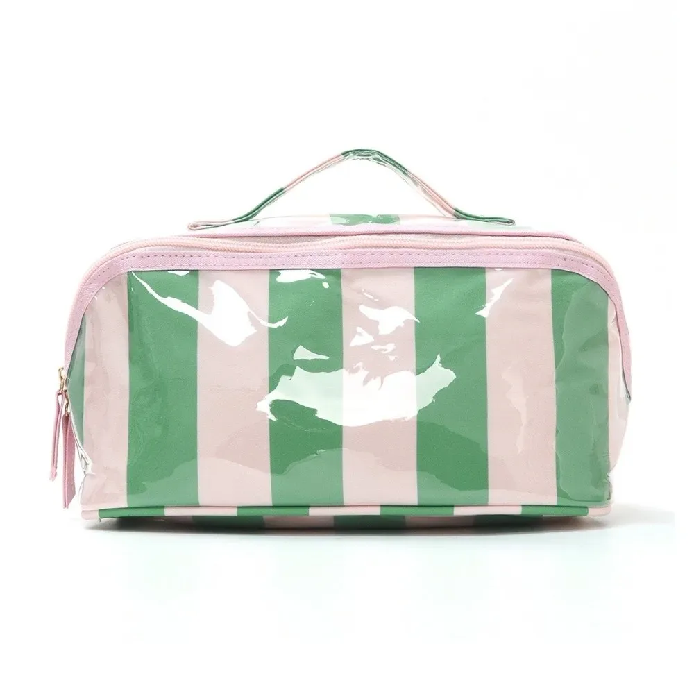 sac à cosmétiques rayé durable, léger et portable, grande capacité, organisateur de maquillage en pvc, étanche, rangement polyvalent