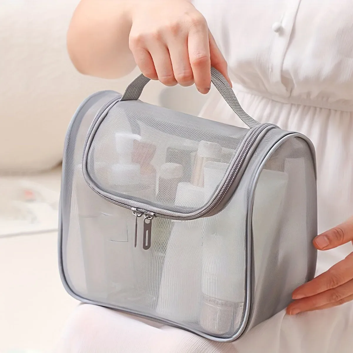 sac de toilette grande capacité pour femmes, multifonctionnel, portable, en nylon courbé, organiseur de maquillage en maille
