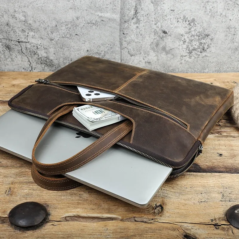 contact's hommes crazy horse cuir sac à main décontracté pochette d'ordinateur pour 15 "16" voyage d'affaires hommes fourre-tout sacs marque design porte-documents