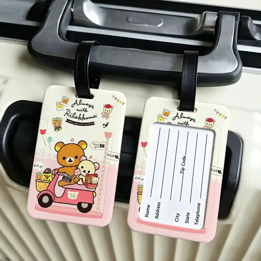 étiquette de bagage de voyage rilakkuma mignonne en dessin animé, étui en pvc pour carte d'information, marqueur de nom anti-perte pour sac à dos.