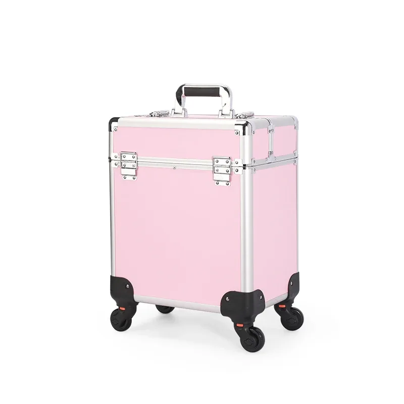 trousse de maquillage à roulettes en aluminium de grande capacité avec plateaux, trousse à cosmétiques verrouillable, trousse de salon, fournitures n64
