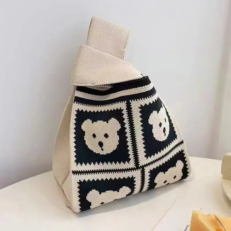 sac à main en tricot fait à la main pour femme, mini sac de poignet à nœud, sac fourre-tout à carreaux à large rayure, sacs à provisions réutilisables pour étudiants, document décontracté japonais