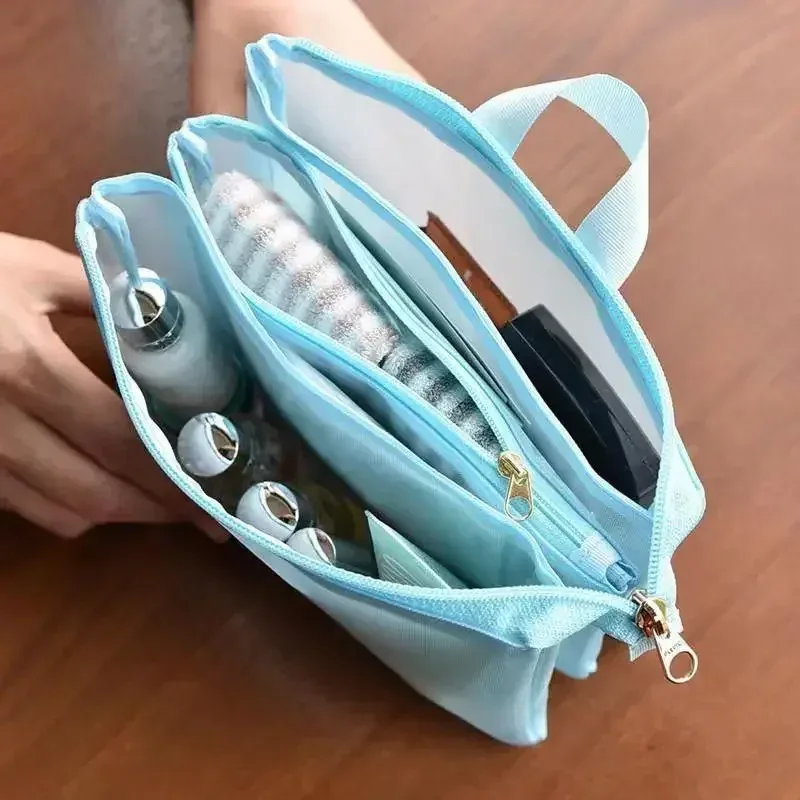 nouveau sac de rangement en maille de couleur unie avec compartiment, trousse de toilette portable de voyage, sac à cosmétiques, pochette de rangement de produits de toilette pour soins de la peau