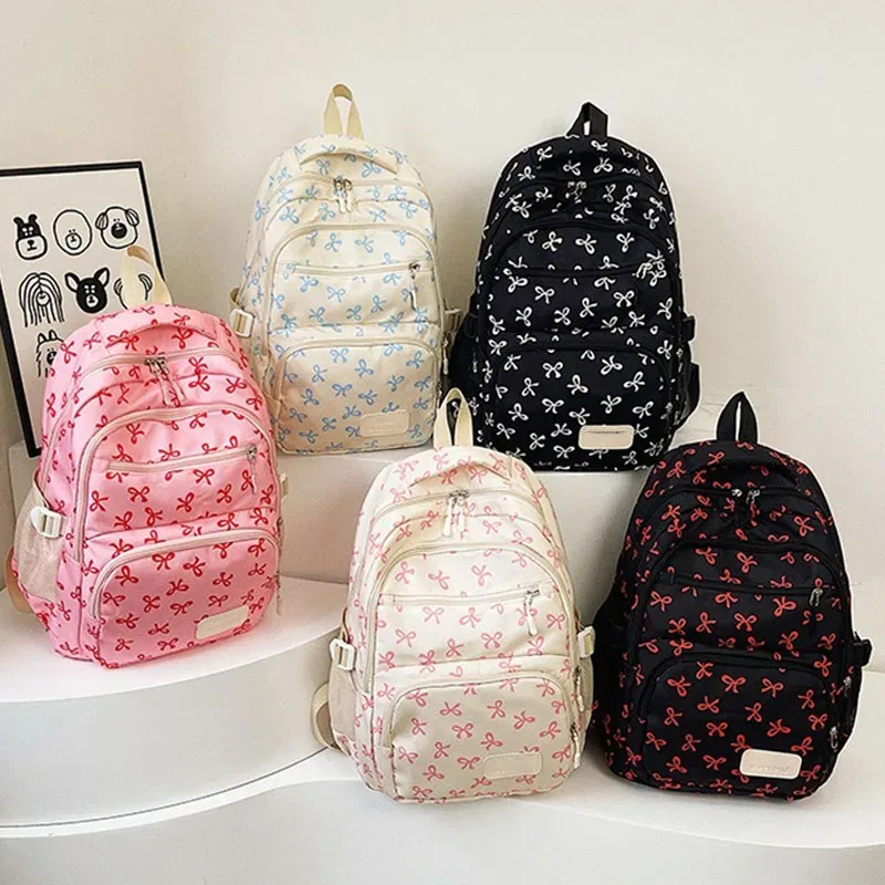 ensemble de 3 pièces de sac à dos mignon de grande capacité, mode coréenne, sac imprimé avec nœud, sacs en nylon, cartable d'étudiant, sac à dos de voyage à sangle réglable