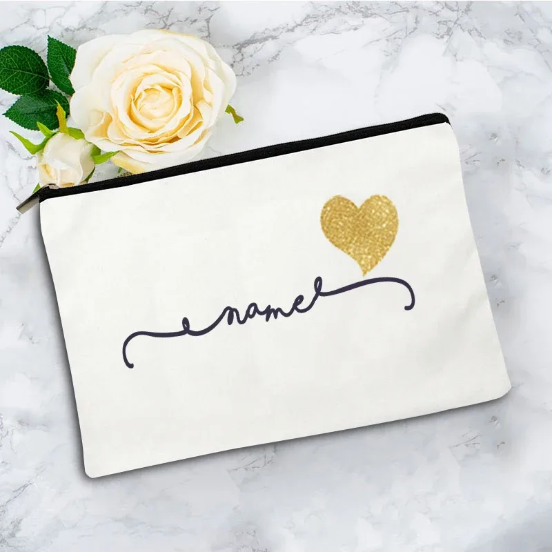 trousse de maquillage personnalisable en forme de cœur doré, pochette cosmétique, organisateur de voyage pour femmes, étui de rangement portable en toile pour articles de beauté