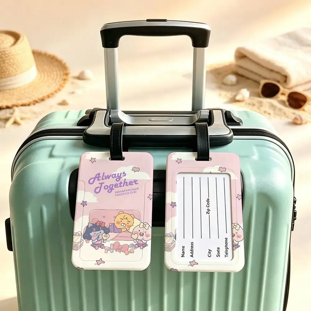 étiquette de bagage en pvc imperméable cartoon cute k-kakaos lovely friends avec carte d'informations, étiquette d'identification anti-perte pour sac à dos scolaire