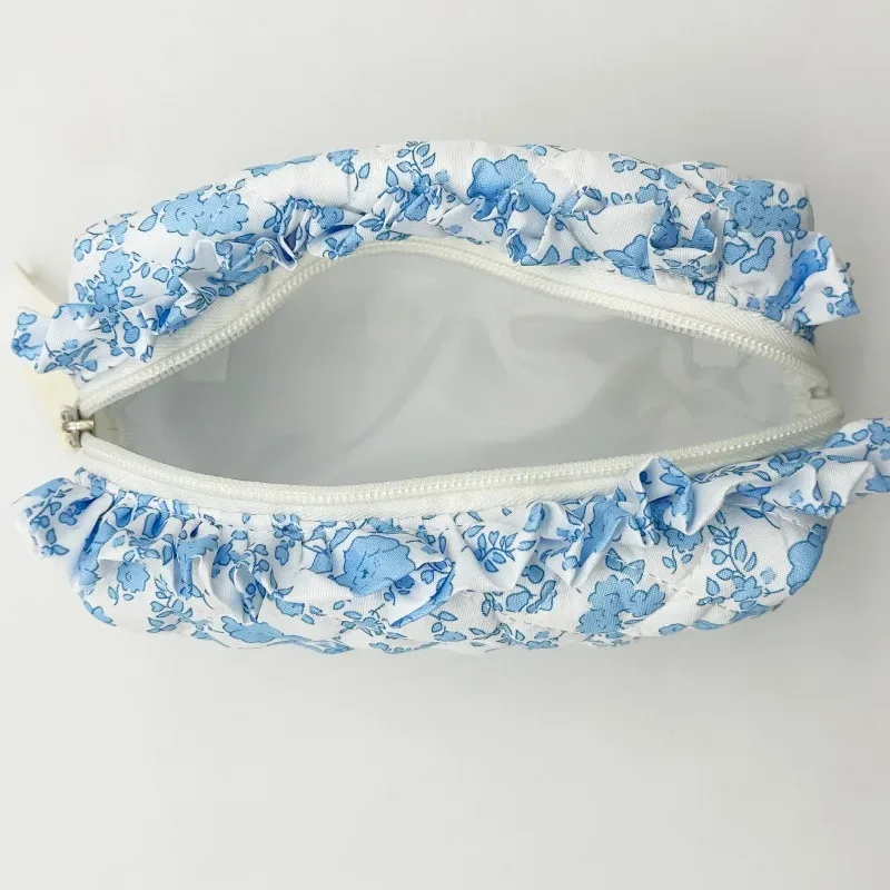 pochette de maquillage matelassée à imprimé floral et volants pour femme, organiseur de maquillage portable, étui de rangement pour voyage et toilette