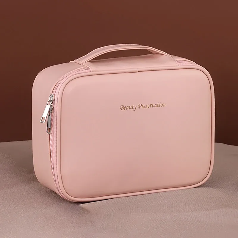 sac de maquillage de voyage double couche en cuir pu pour femmes, sac de rangement portable de grande capacité, sac de voyage étanche à fermeture éclair