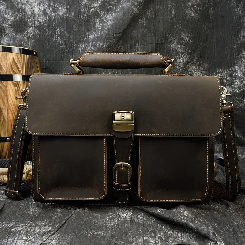 sac d'ordinateur en cuir de vachette véritable pour homme, sac pour ordinateur portable, étui à bombes, 100% cuir véritable, mode vintage, luxe, 15.6"