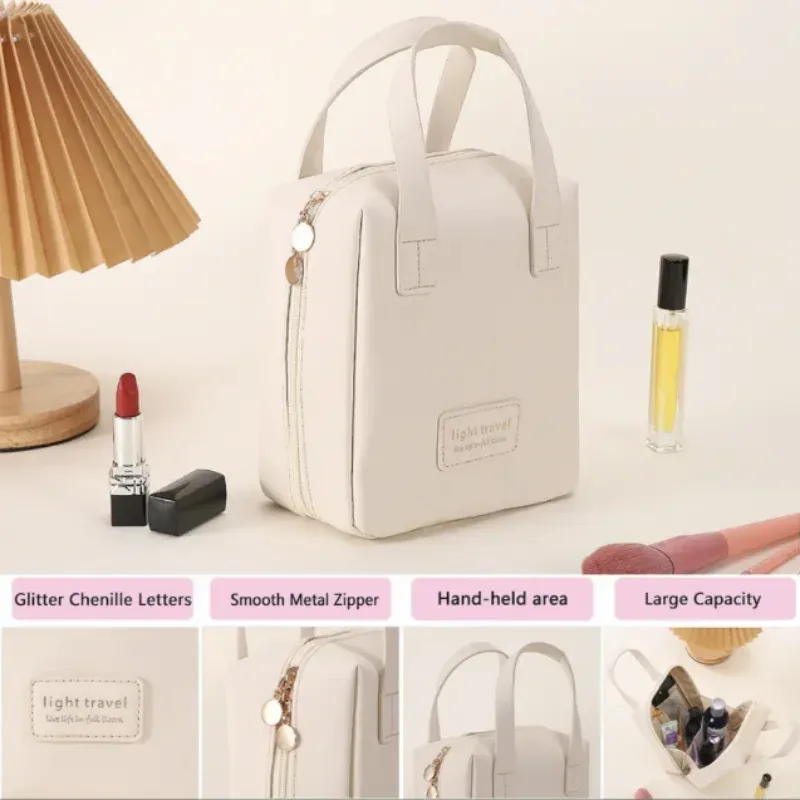 trousse de maquillage portable en cuir pu pour femme, sac de rangement cosmétique étanche, sac de lavage de voyage, grande capacité, coque tendance, 2 pièces