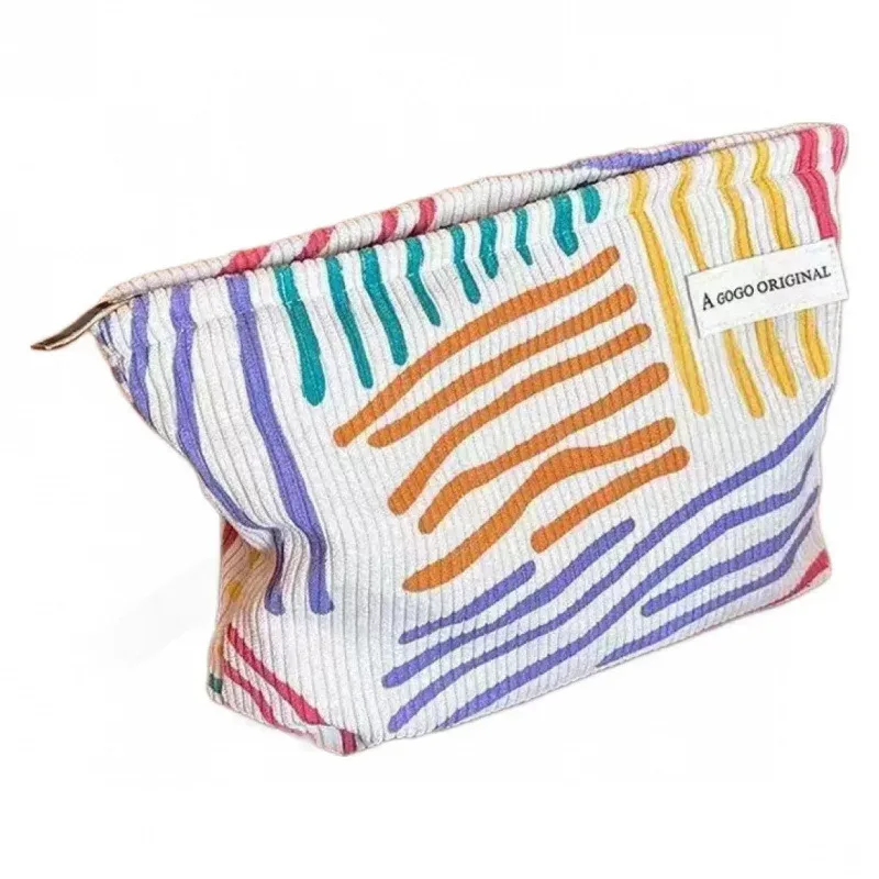 trousse de toilette en velours côtelé, sac de rangement portable rayé pour produits de soin, essentiels de voyage pour étudiants et déplacements professionnels