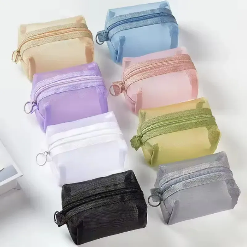 Mini sacs cosmétiques en maille de nylon transparente, jolies petites pochettes pour femmes pour rouge à lèvres et maquillage, étui organisateur pour câbles de données, clés et écouteurs.