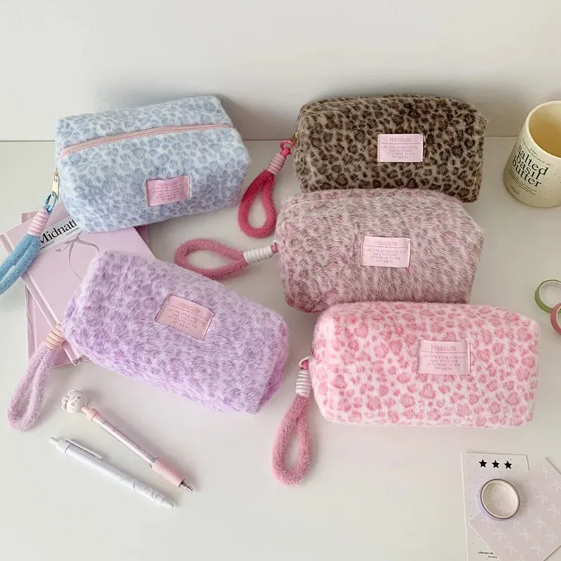 sac de voyage portable en peluche mignon, rose, imprimé léopard, pour écolière, grande trousse de maquillage, sac fourre-tout cosmétique pour femmes