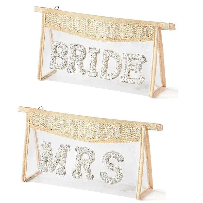 trousse de maquillage transparente pour la mariée, sac cosmétique de fiançailles, cadeaux de douche pour patients, patchs de lettres en biscuits scintillants, voyage en pvc étanche