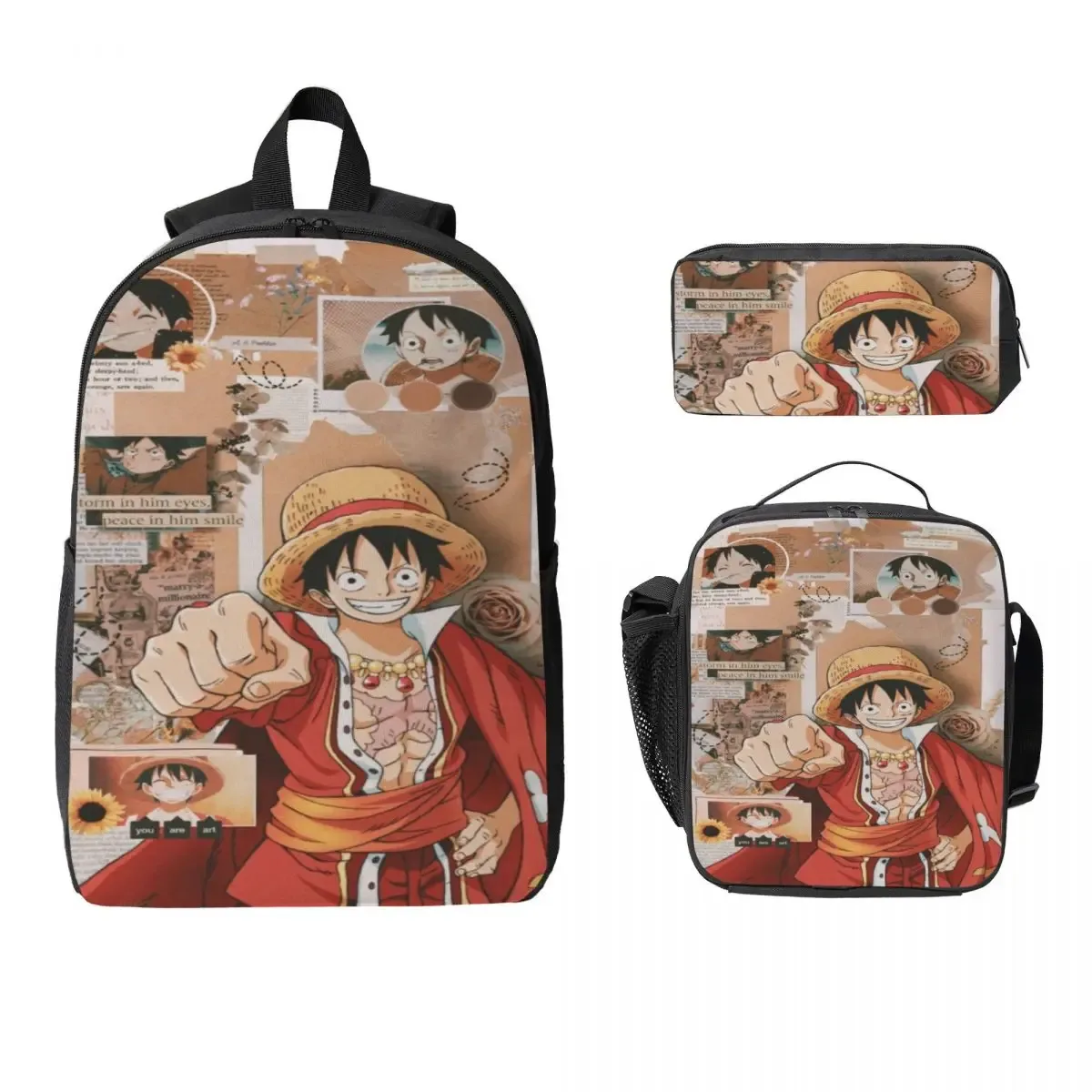 ensemble de 3 sacs à dos luffy one piece pour enfants, avec trousse à crayons, sac à livres et boîte à lunch pour les élèves.