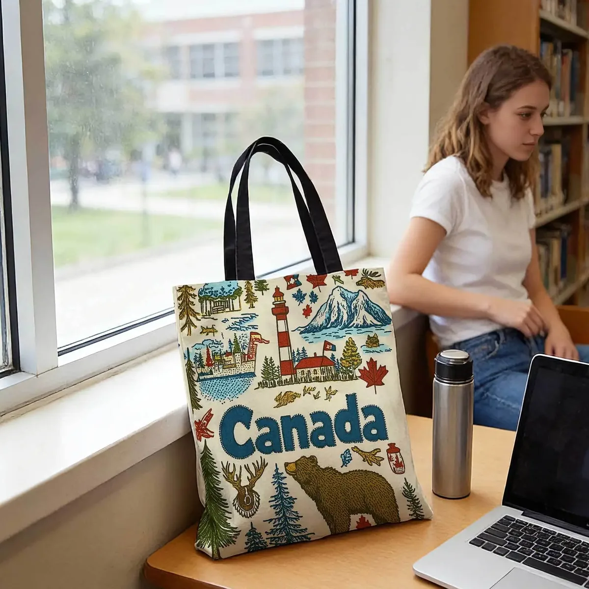 sac fourre-tout en toile avec motif de phare et de fauve du canada, 40x38cm, 1 pièce, adapté aux déplacements quotidiens, au shopping, aux voyages et aux loisirs