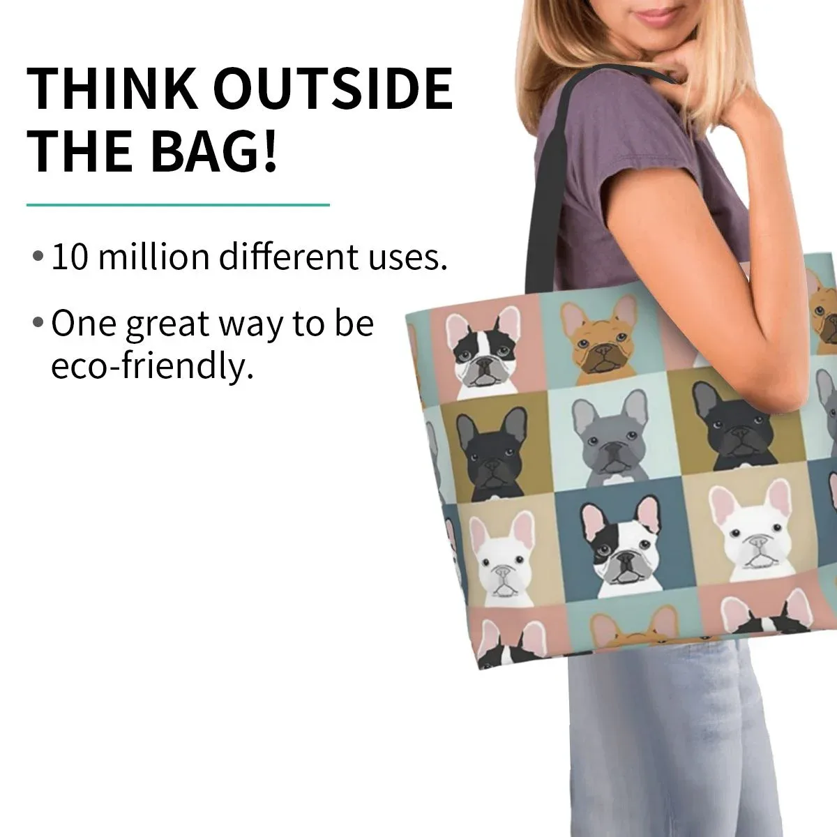 sac fourre-tout grande capacité pour femme, sac d'épicerie pour femme, bouledogues français mignons, initié