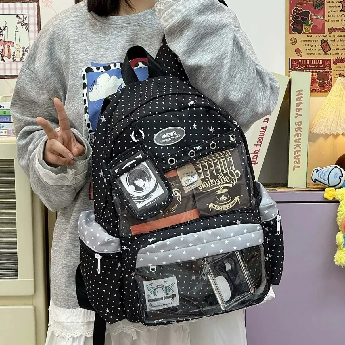 Nouveau Sac à Dos Ita Y2K Mignon à Étoiles et Pois Grande Capacité pour Étudiants, Sac d'École Personnalisable, Sac à Dos d'Extérieur Décontracté pour Voyage