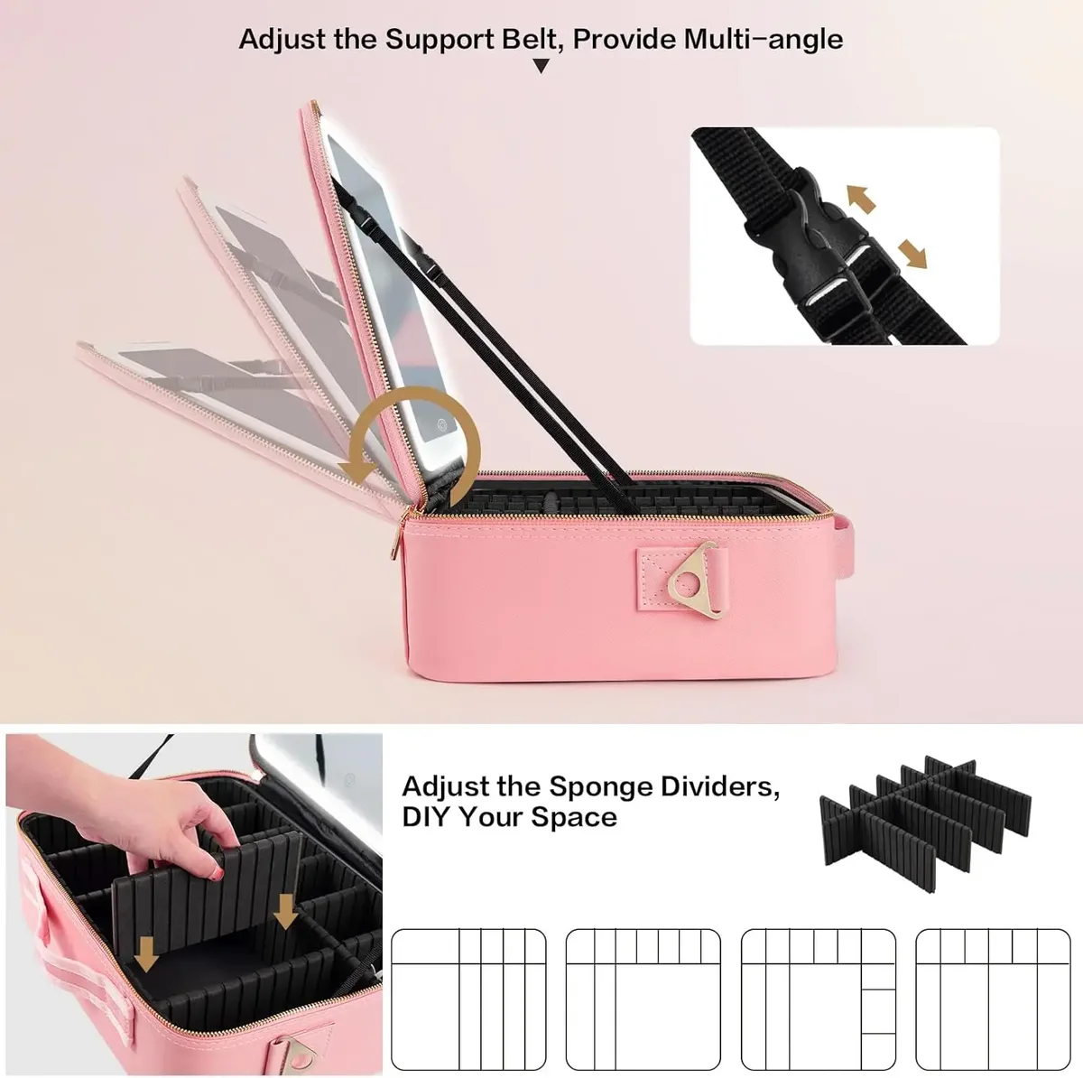 trousse de maquillage grande capacité 15''x11'' avec miroir led 3 couleurs, organiseur de maquillage, trousse de toilette de voyage