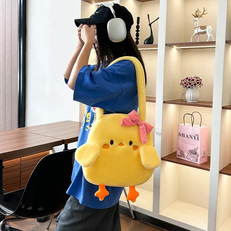 kawaii petit canard jaune arc sac à bandoulière dessin animé animal sac à provisions en peluche sac à main grande capacité noël anniversaire
