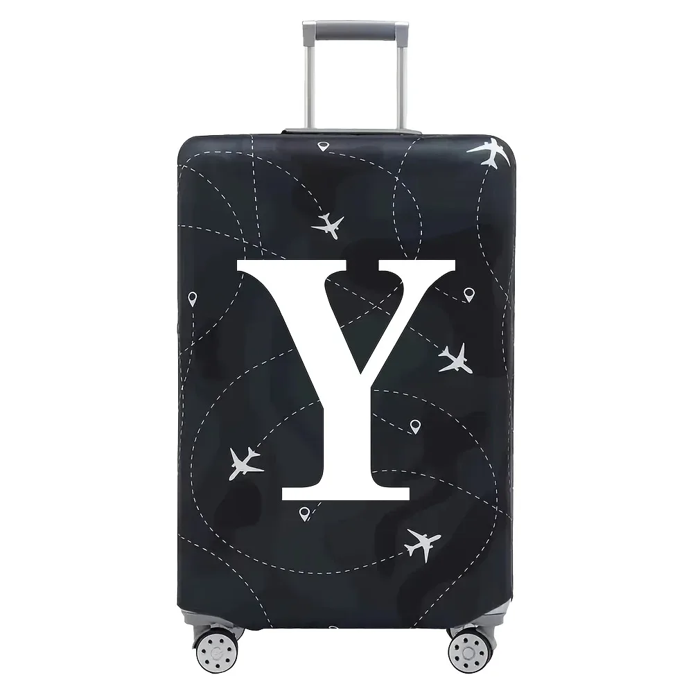 cette housse de valise extensible s'adapte aux valises de 18 à 32 pouces et présente un motif de lettres a-z blanches imprimé sur la surface.