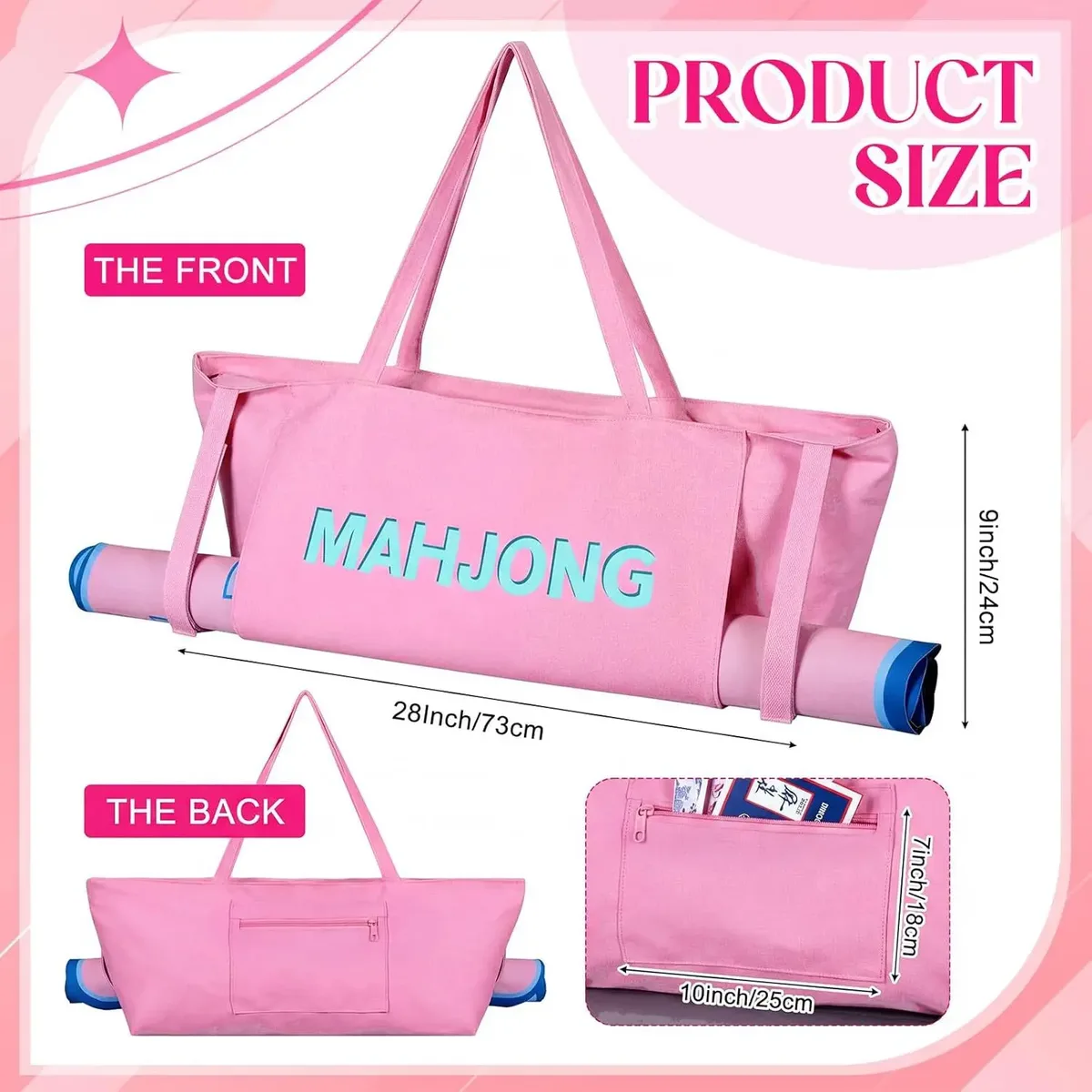 sac fourre-tout en toile, sac de transport portable pour tuiles de mahjong, sac à main pour tapis de yoga, sac à bandoulière de voyage, cadeau d'anniversaire ou de vacances pour femmes