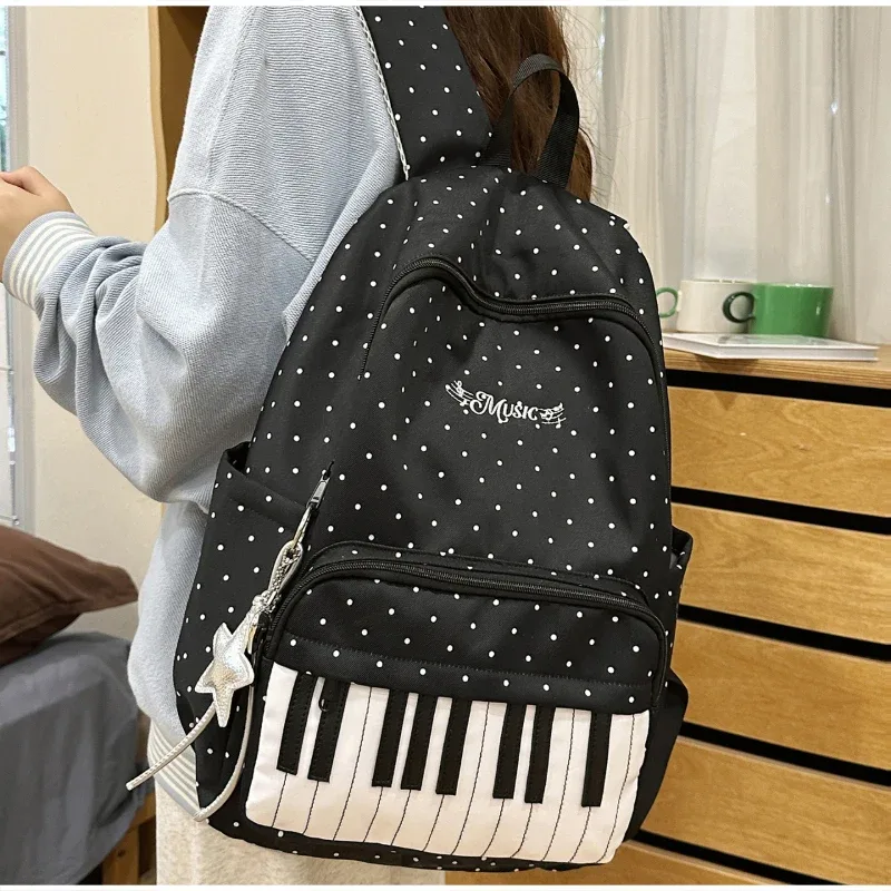 sac à dos à touches de piano à pois, sac à dos de style japonais à blocs de couleur, sac à dos en forme de piano de style scolaire, grand sac de voyage pour femmes