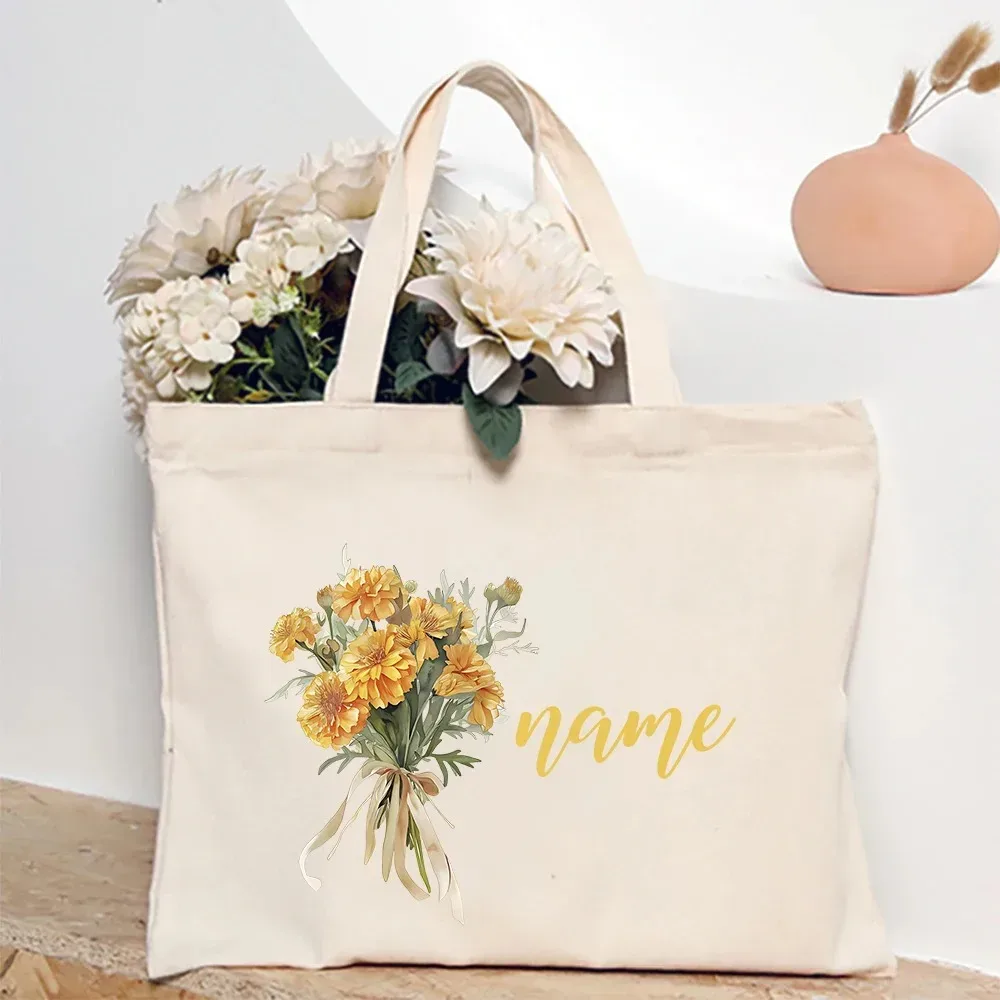 sac à bandoulière personnalisé avec fleur du mois de naissance et nom, sac fourre-tout en toile monogramme, idéal pour mariage, anniversaire, fête, meilleur cadeau pour elle