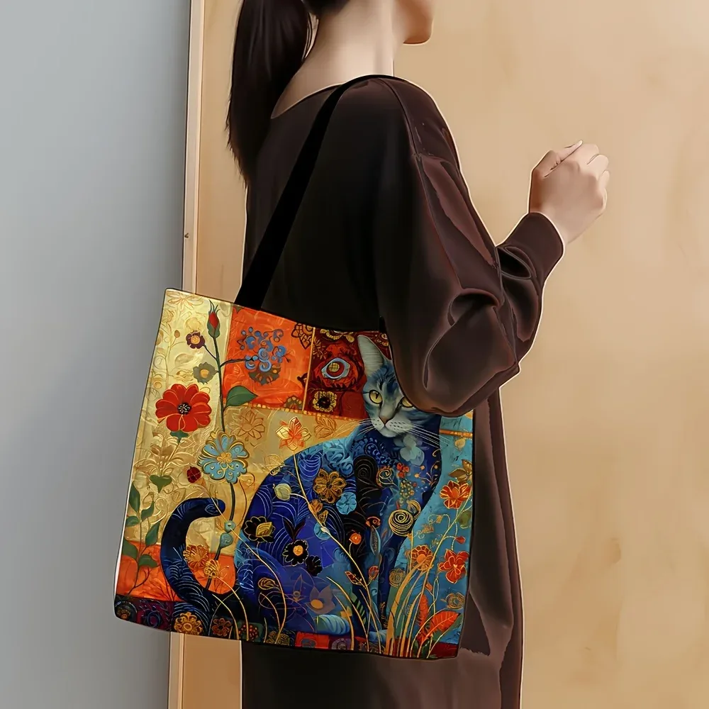 1pc abstrait chat sac fourre-tout mignon peculiar petit animal sac à bandoulière imprimé lin eco sac à main shopping bureau sacs décontractés réutilisables