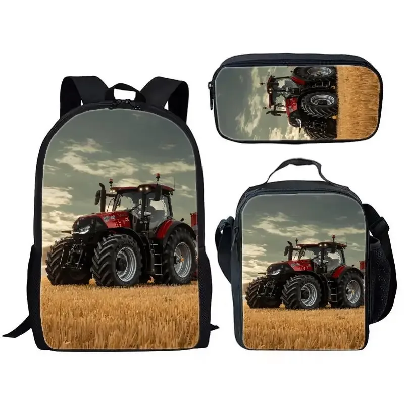 sac à dos tendance et populaire pour étudiants, motif simulateur d'agriculture avec tracteur imprimé en 3d, lot de 3 pièces : sac à dos pour ordinateur portable, sac à déjeuner et trousse à crayons