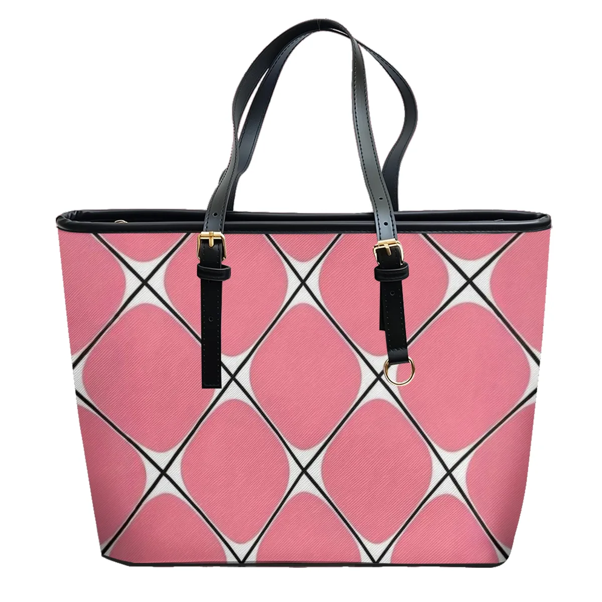 sac à bandoulière en cuir pvc oxford imprimé grille diamant rose, fourre-tout léger à fermeture éclair, usage quotidien, sac à main convertible pour le travail et le week-end