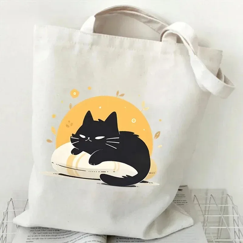 sac fourre-tout en toile imprimé chat, motif chat de dessin animé mignon, sac à bandoulière pour les courses quotidiennes, pour les amoureux des animaux de compagnie, bolso grande mujer