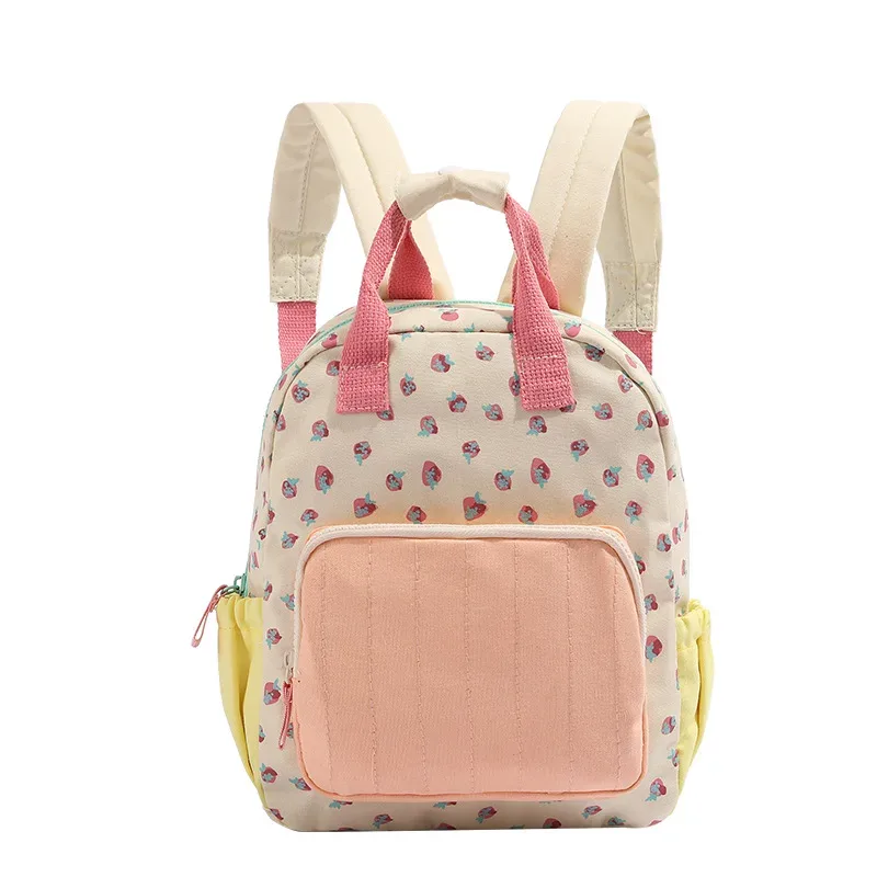 sac à dos imprimé fraise avec nom brodé, joli sac en toile contrastée dopamine, léger, idéal pour un usage quotidien, voyage pour les enfants