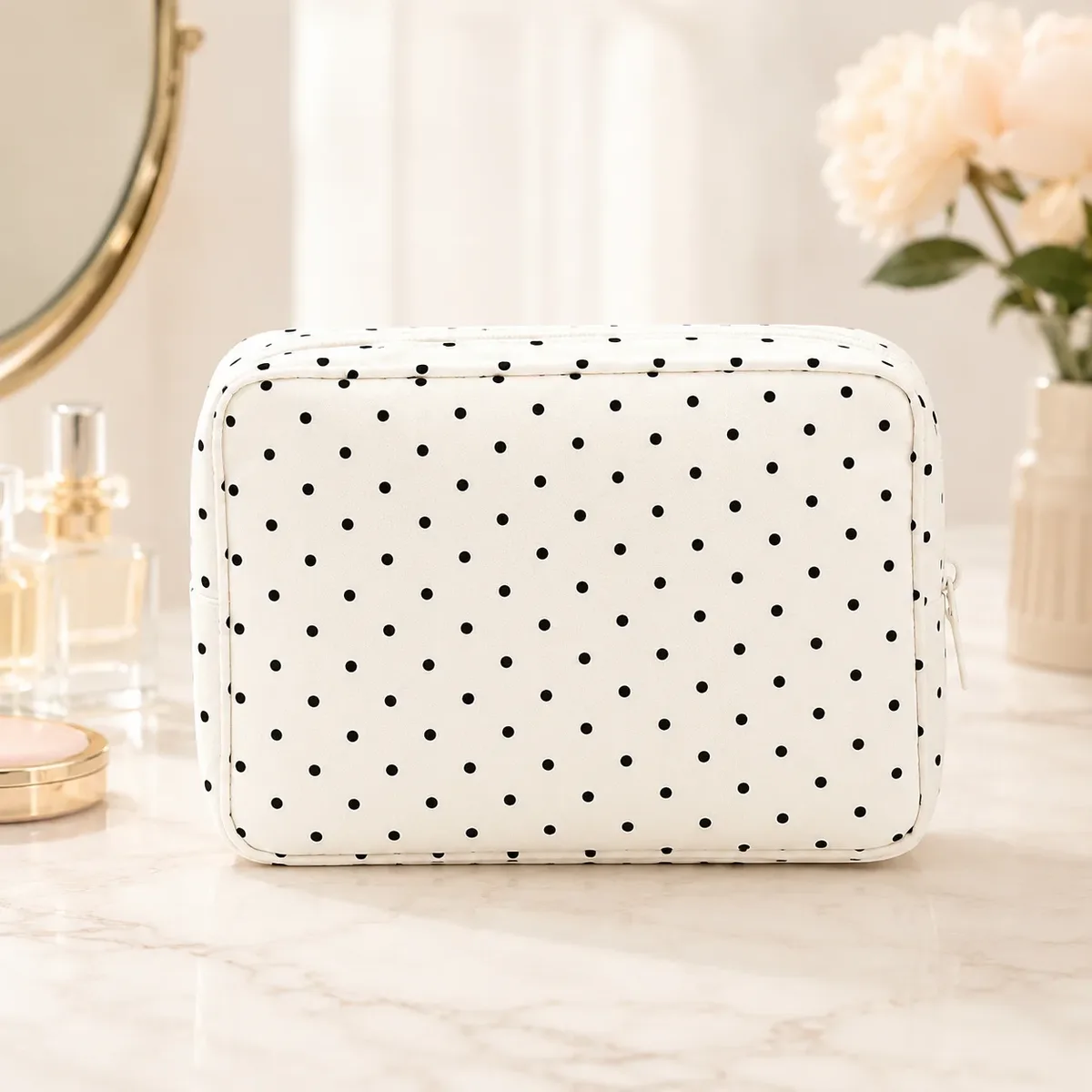 trousse de maquillage noire à pois, pochette portable grande capacité, organisateur de toilette pour femmes, essentiels de beauté quotidiens et de voyage