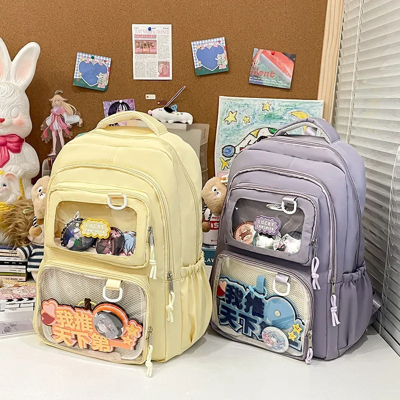 Sac à dos scolaire transparent grande capacité, sac à bandoulière double pour étudiants, en tissu Oxford imperméable, ultra léger, style mignon