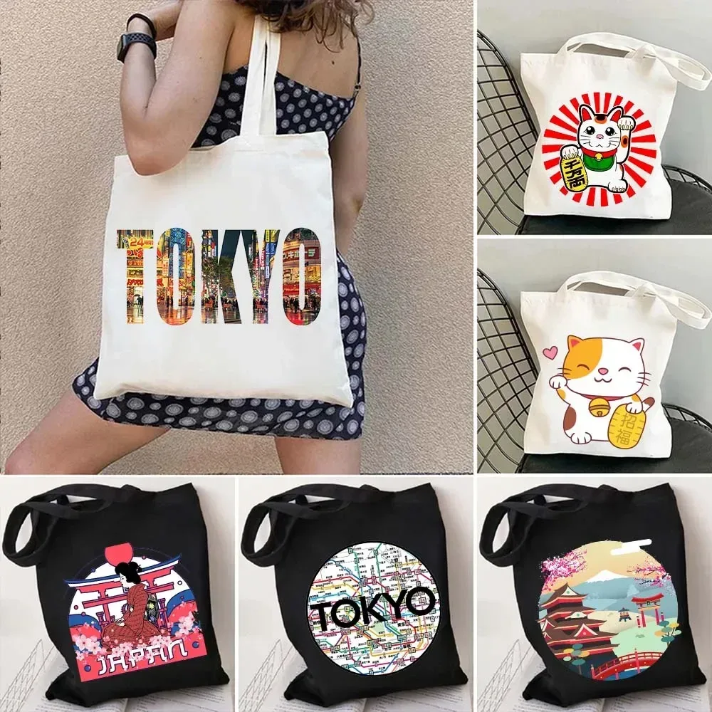 sac fourre-tout en toile à bandoulière pour le shopping, motif maneki neko, chat porte-bonheur japonais mignon, style mont fuji, style japonais, geisha de kyoto, tokyo japon