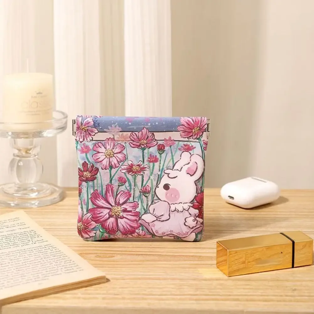 mini trousse de maquillage simple en cuir pu, sac de rangement pour rouge à lèvres imprimé à fermeture automatique, porte-monnaie à fleurs à fermeture automatique, sac pour écouteurs