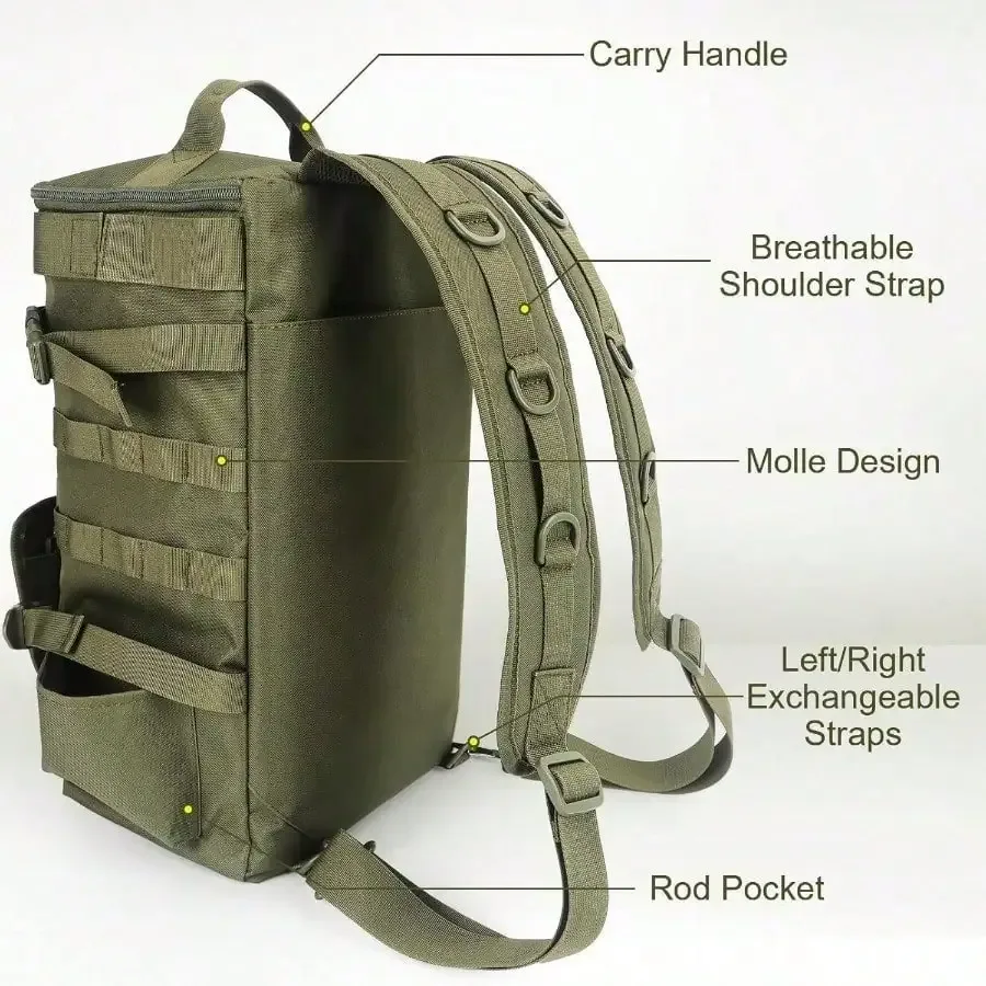 sac de matériel de pêche avec porte-canne, grand rangement, sac à dos de boîte de matériel pour transporter des matériel et des équipements de pêche, cadeaux pour hommes