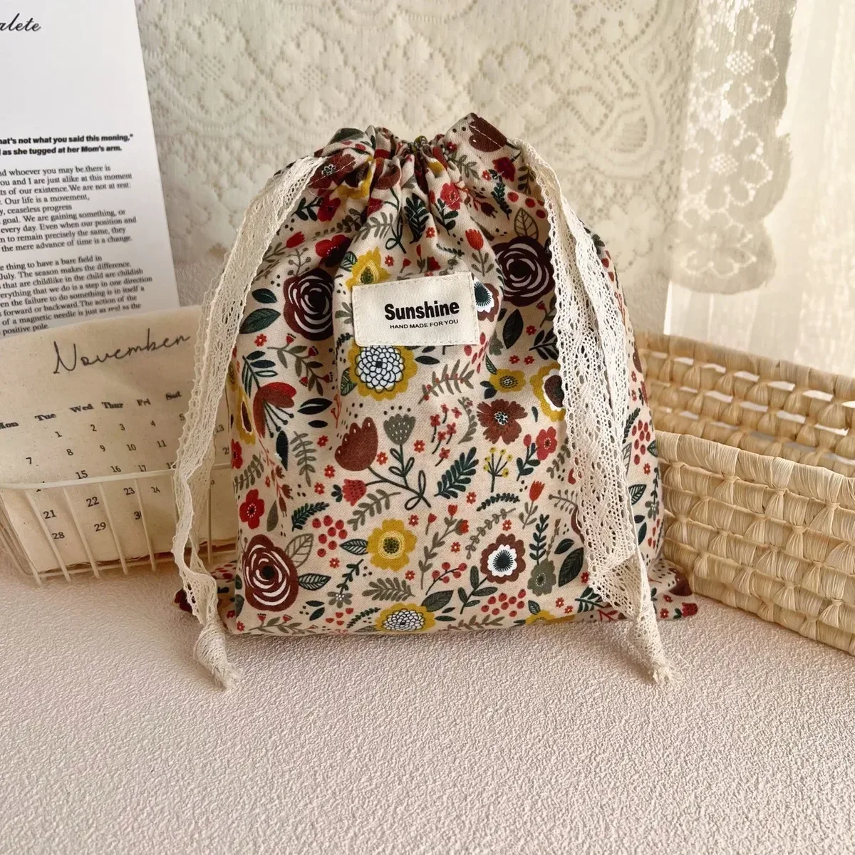 sac de rangement de voyage à proximité extérieure, sac de rangement classé, sacs à cosmétiques à fleurs imprimées, paquet de poche en ficelle de coton