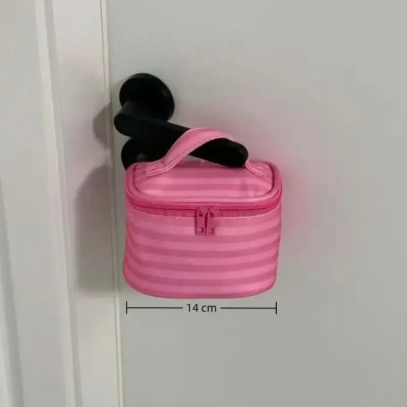 trousse de maquillage rose rayée avec miroir et fermeture éclair, sac de voyage portable pour femmes, organisateur cosmétique mignon et doux, pochette de toilette