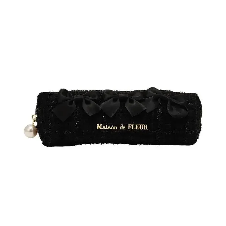 étui à crayons en tweed avec nœud papillon mignon de style japonais, mini organisateur, sac de maquillage pour filles et femmes
