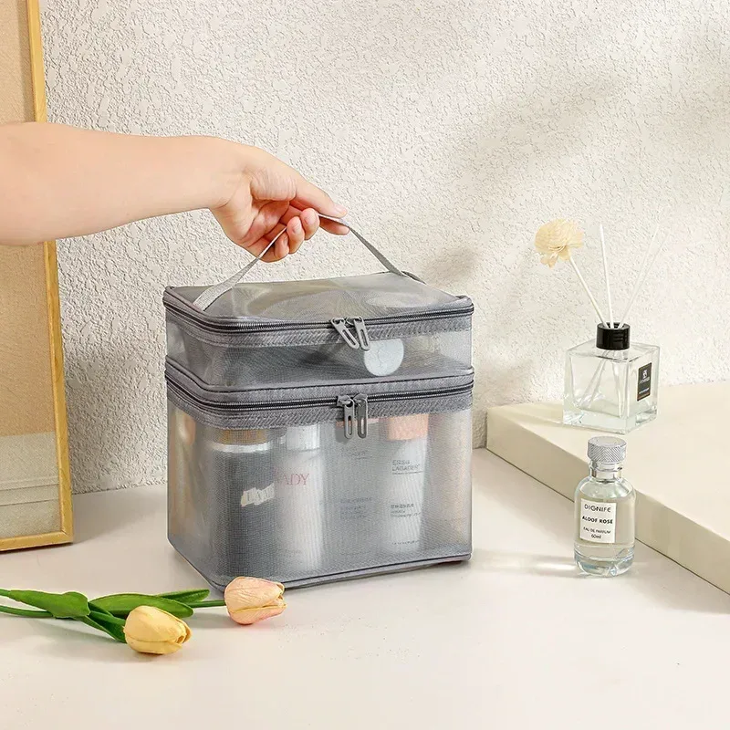 sac de voyage en maille transparente pour femmes, sac de rangement pour cosmétiques, trousse de toilette à 2 couches, sac de rangement de grande capacité pour maquillage