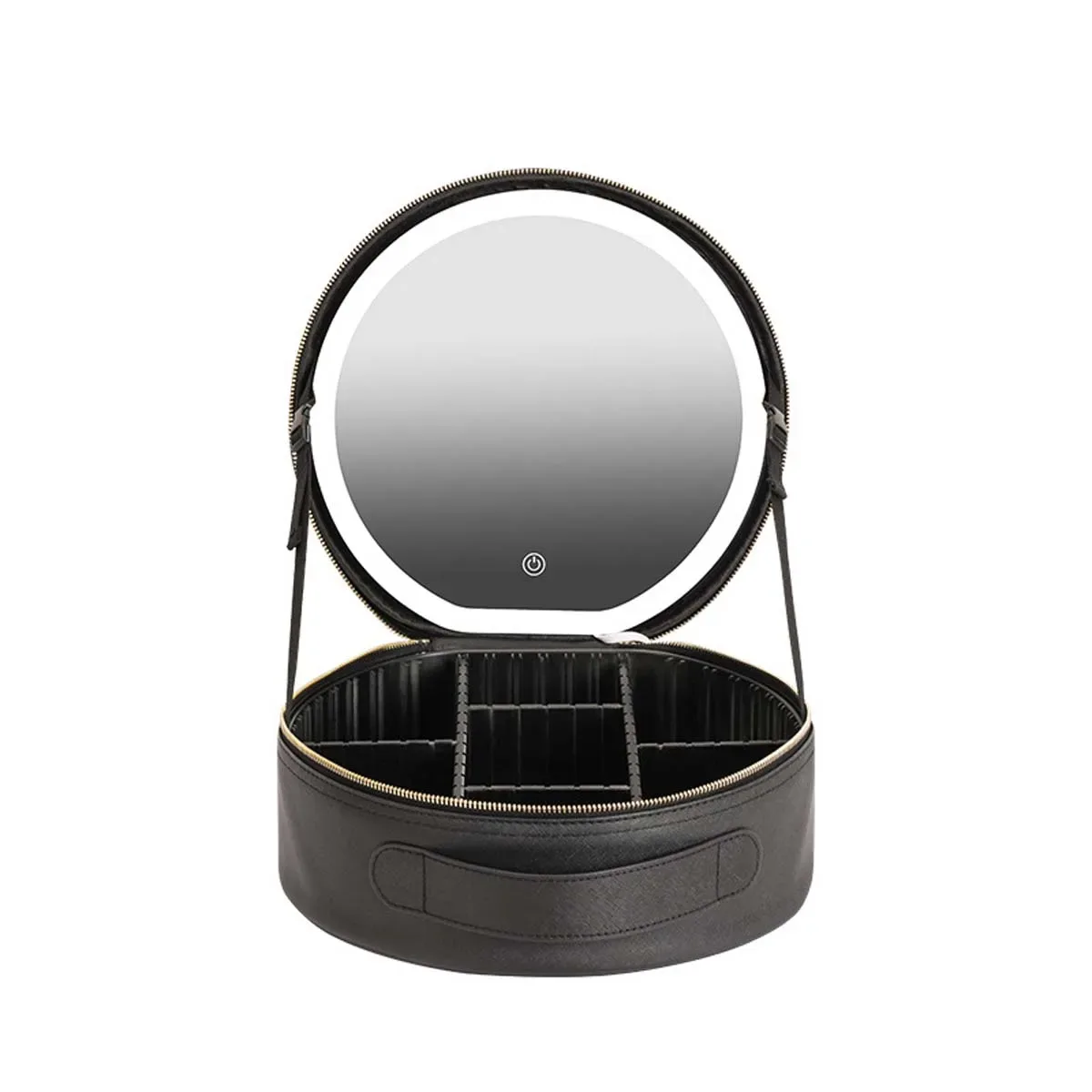 sac à cosmétiques circulaire avec lumière led miroir, sac de rangement de cosmétiques portable de grande capacité pour voyages d'affaires, étui à cosmétiques