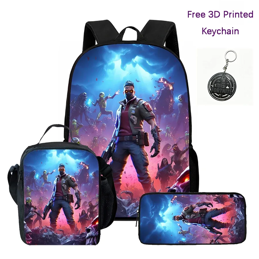 ensemble de 3 sacs à dos pour enfants, sac à lunch et trousse à crayons, sac fortnite à motif de dessin animé, léger pour garçons et filles de 6 à 10 ans, porte-clés imprimé en 3d gratuit