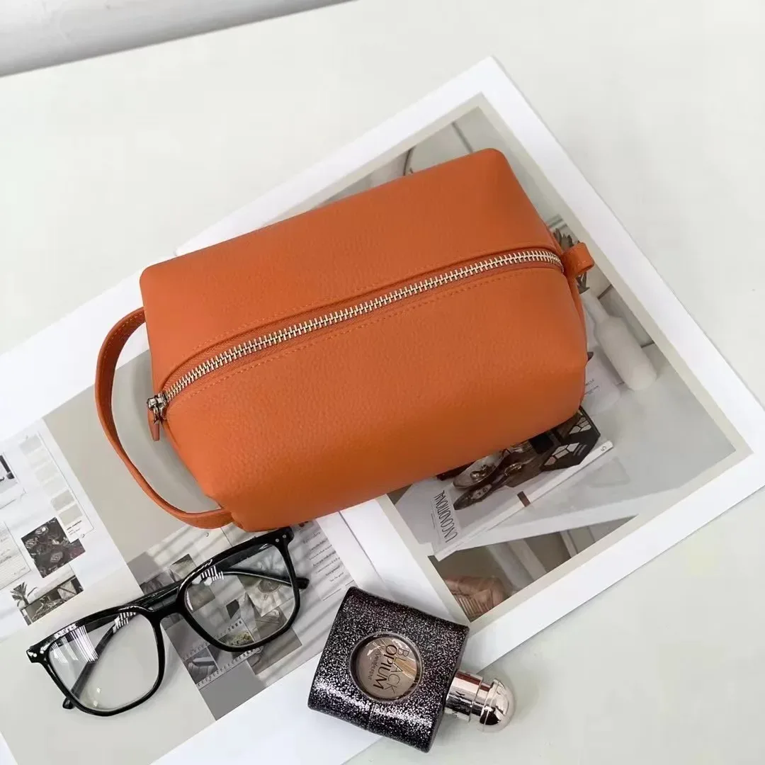 pochette de rangement de maquillage en cuir de vache à grain souple de haute qualité, sac à cosmétiques de sport portable pour poignée de voyage, sac de lavage