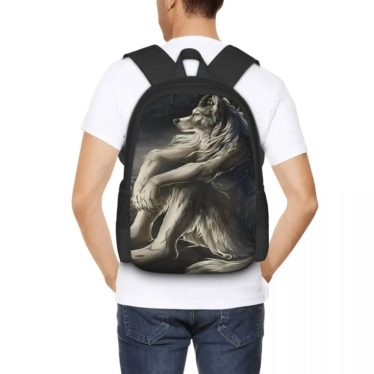sac à dos emo white wolf sitting sad meme pour étudiants, sac d'école, sac de randonnée, sac de voyage, sac à dos de mode pour garçons et filles, sacs à bandoulière