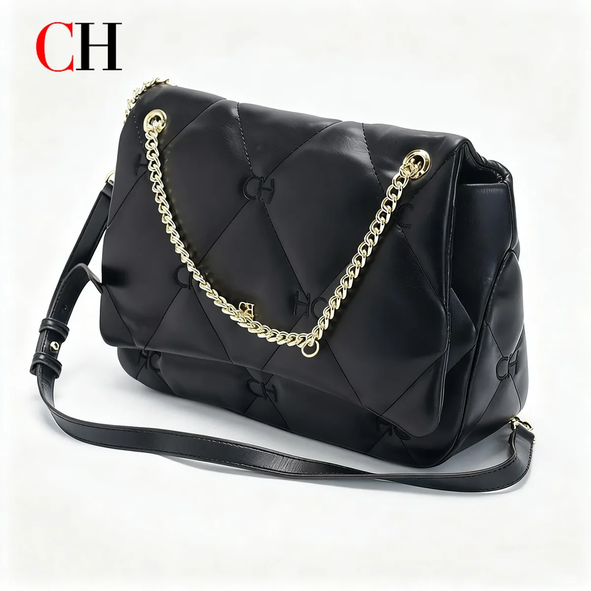 Sac à bandoulière matelassé en cuir PU noir pour femme, grande capacité, avec rabat, idéal pour le travail