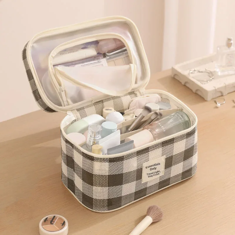 sac de voyage cosmétique et de maquillage tendance avec fermeture éclair, motif lettres en maille, durable, grande capacité, portable, respirant et à compartiments