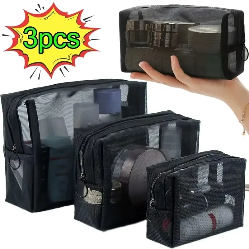 sacs à cosmétiques transparents en maille, trousse de maquillage noire, trousse de rangement portable, trousse de voyage en plein air, rouge à lèvres, poudres, cadeaux, taille s, m, l, 3 pièces