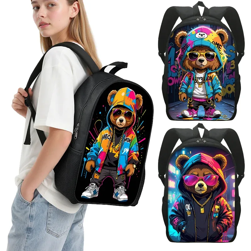 Sac à dos cool avec imprimé graphique d'ours de dessin animé pour femmes et hommes, sac à dos Hip Hop, sacs d'école pour adolescents, sac à dos pour ordinateur portable, sac à livres